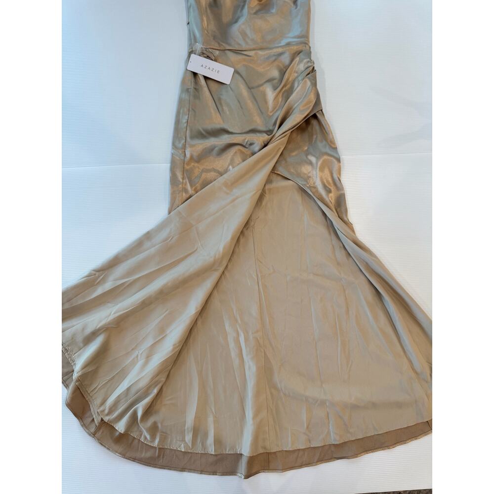Azazie Leonis Champagne Gold Metallic Satin Mermaid Gown NWT A8 Formal Evening - Picture 13 of 16